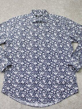 Nordstrom Shirt Mens 16 1/2, 34/35 Blue Floral Non-Iron Trim Fit Long Sleeve